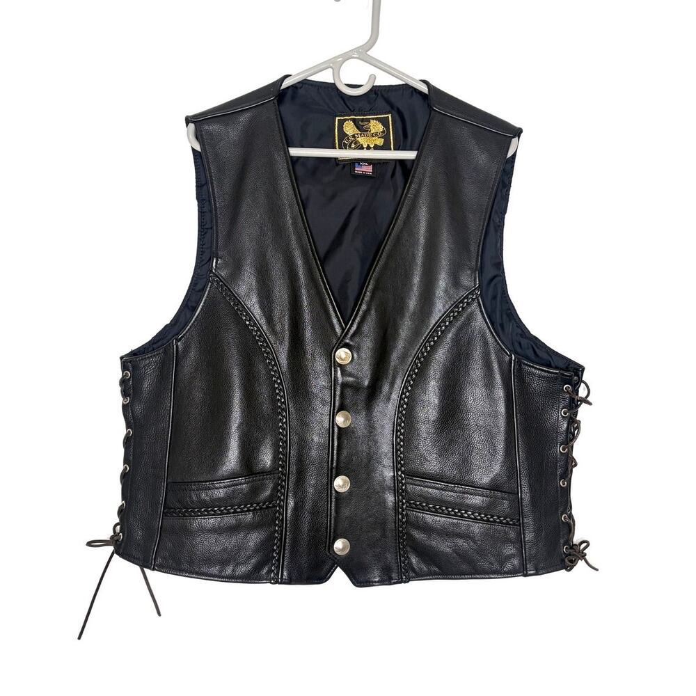 US Made Co. Leather Motorcycle Vest XXL Pockets Nickel Buttons Adj Side Vents